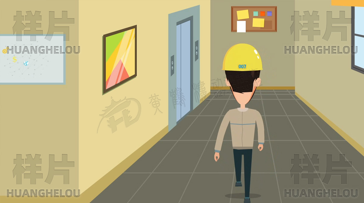 一名电力职工正往走廊深处走去，头戴安全帽。切安全帽特写，编号007.jpg